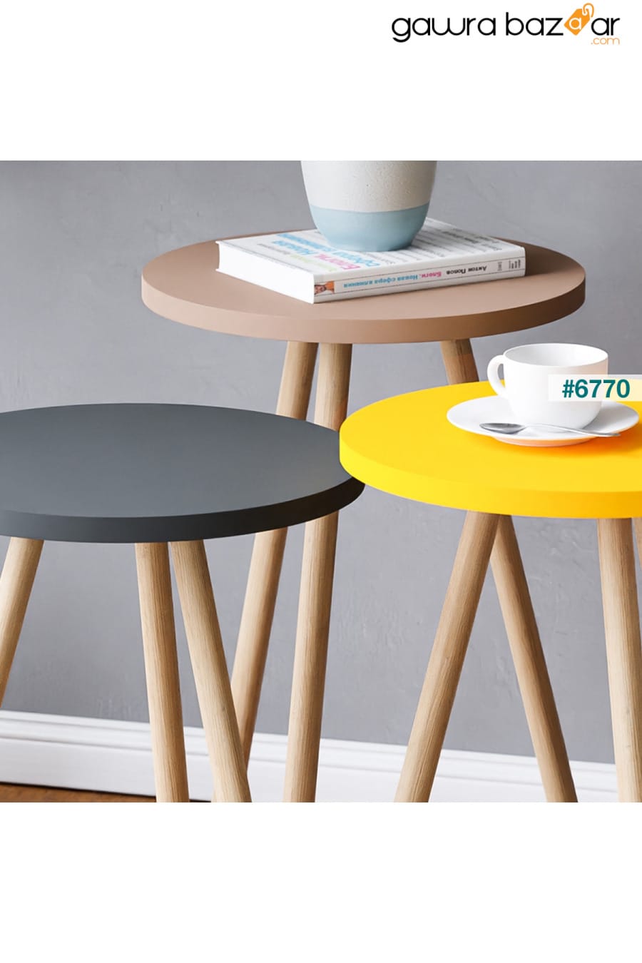 طاولة تعشيش ثلاثية ملونة بأرجل خشبية مستديرة بتصميم الباستيل رمادي أصفر كابتشينو interGO 1