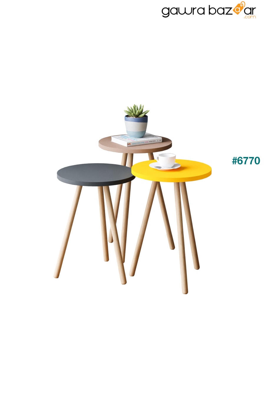 طاولة تعشيش ثلاثية ملونة بأرجل خشبية مستديرة بتصميم الباستيل رمادي أصفر كابتشينو interGO 2