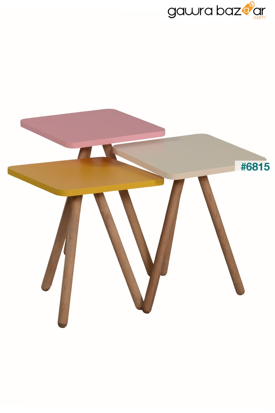 طاولة متداخلة ثلاثية ملونة بأرجل خشبية مربعة تصميم باستيل أصفر كريم وردي interGO 2
