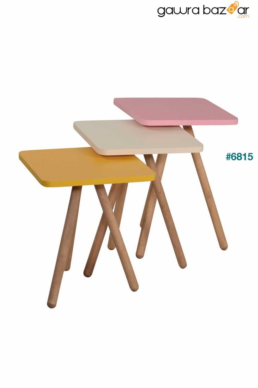 طاولة متداخلة ثلاثية ملونة بأرجل خشبية مربعة تصميم باستيل أصفر كريم وردي interGO 3
