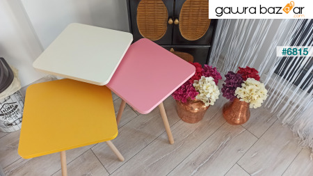 طاولة متداخلة ثلاثية ملونة بأرجل خشبية مربعة تصميم باستيل أصفر كريم وردي