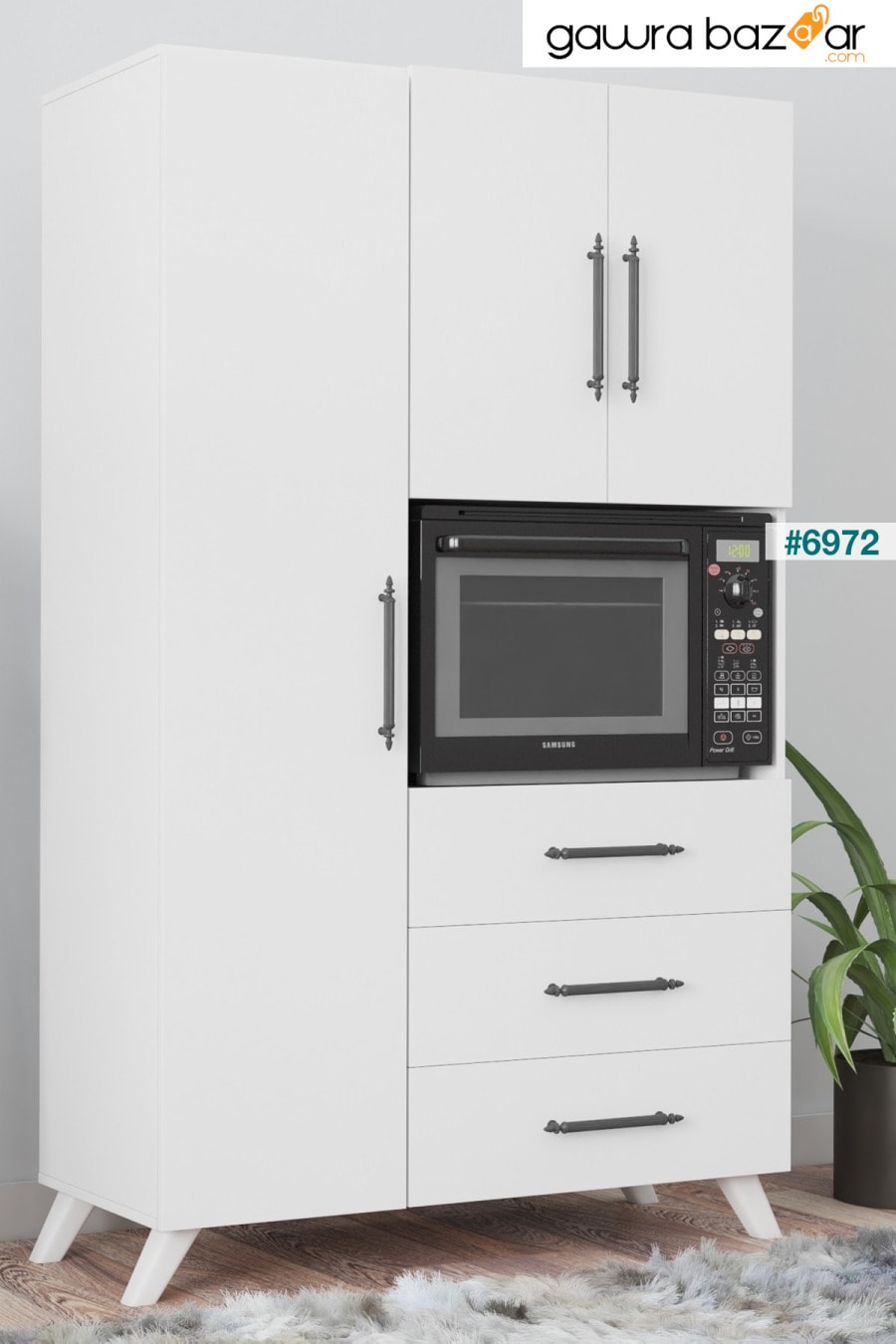 Ae-2074 Aras الأبيض خزانة مطبخ متعددة الأغراض وخزانة حمام ، مخزن ، 3 أبواب ، 3 أدراج ، قسم الفرن Aeka 1