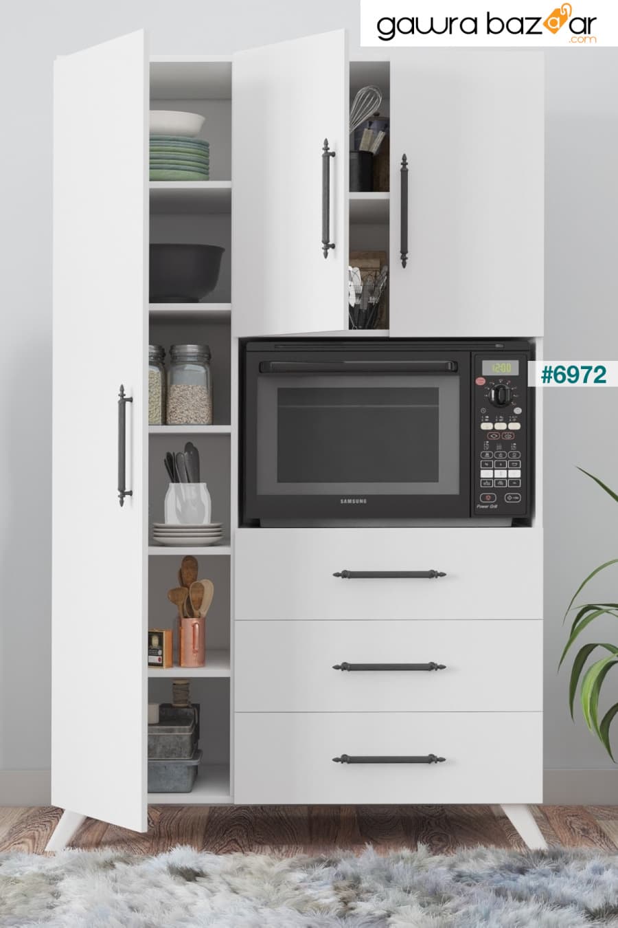 Ae-2074 Aras الأبيض خزانة مطبخ متعددة الأغراض وخزانة حمام ، مخزن ، 3 أبواب ، 3 أدراج ، قسم الفرن Aeka 3