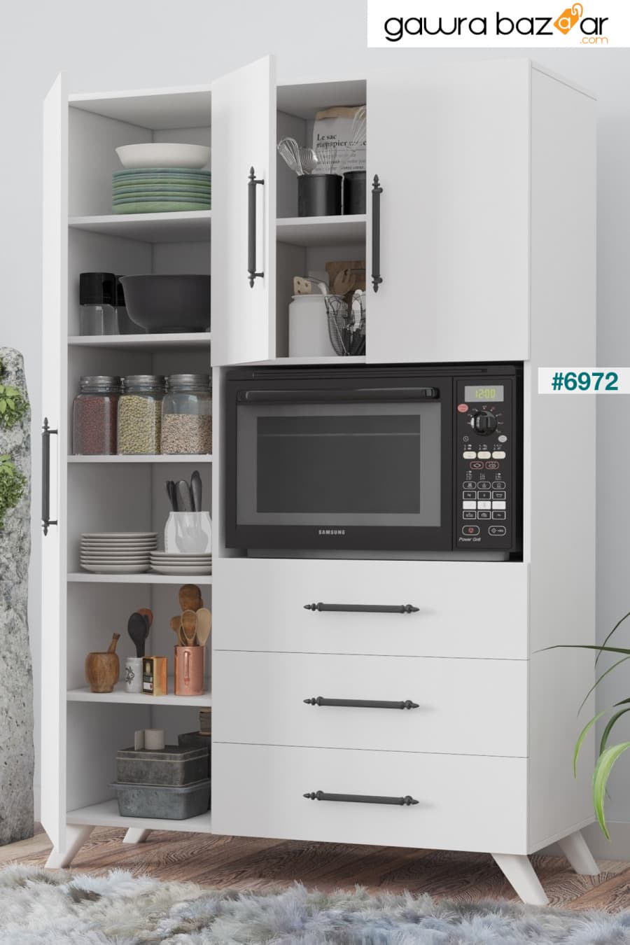 Ae-2074 Aras الأبيض خزانة مطبخ متعددة الأغراض وخزانة حمام ، مخزن ، 3 أبواب ، 3 أدراج ، قسم الفرن Aeka 0
