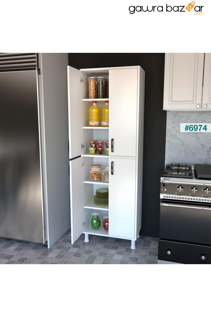 خزانة مطبخ متعددة الأغراض من راني F1 4 أبواب و 6 أرفف ، خزانة مطبخ ، أبيض M4.5 Rani Mobilya 3