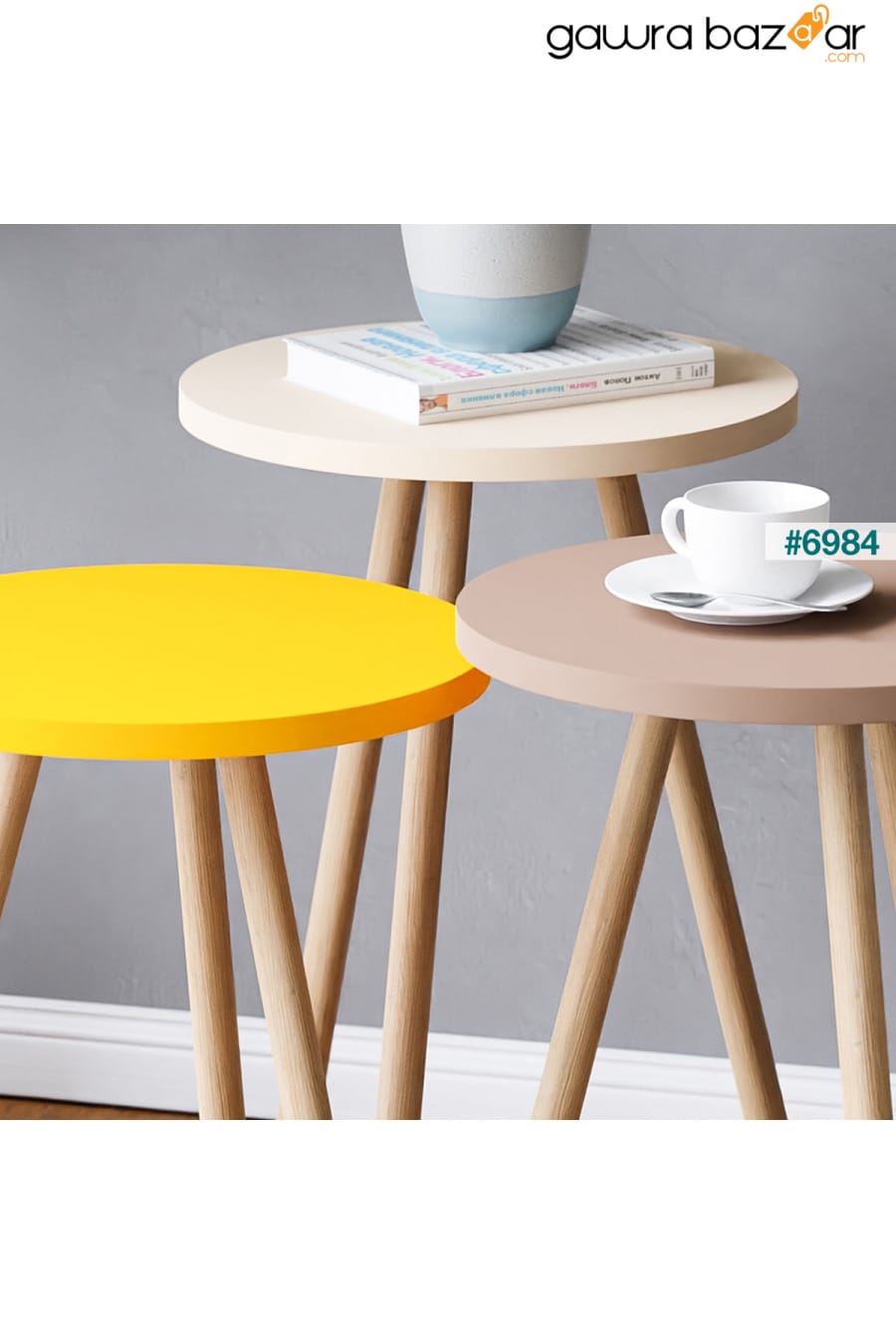 طاولة تعشيش ثلاثية ملونة ، أرجل خشبية مستديرة ، تصميم باستيل أصفر ، كابتشينو interGO 1