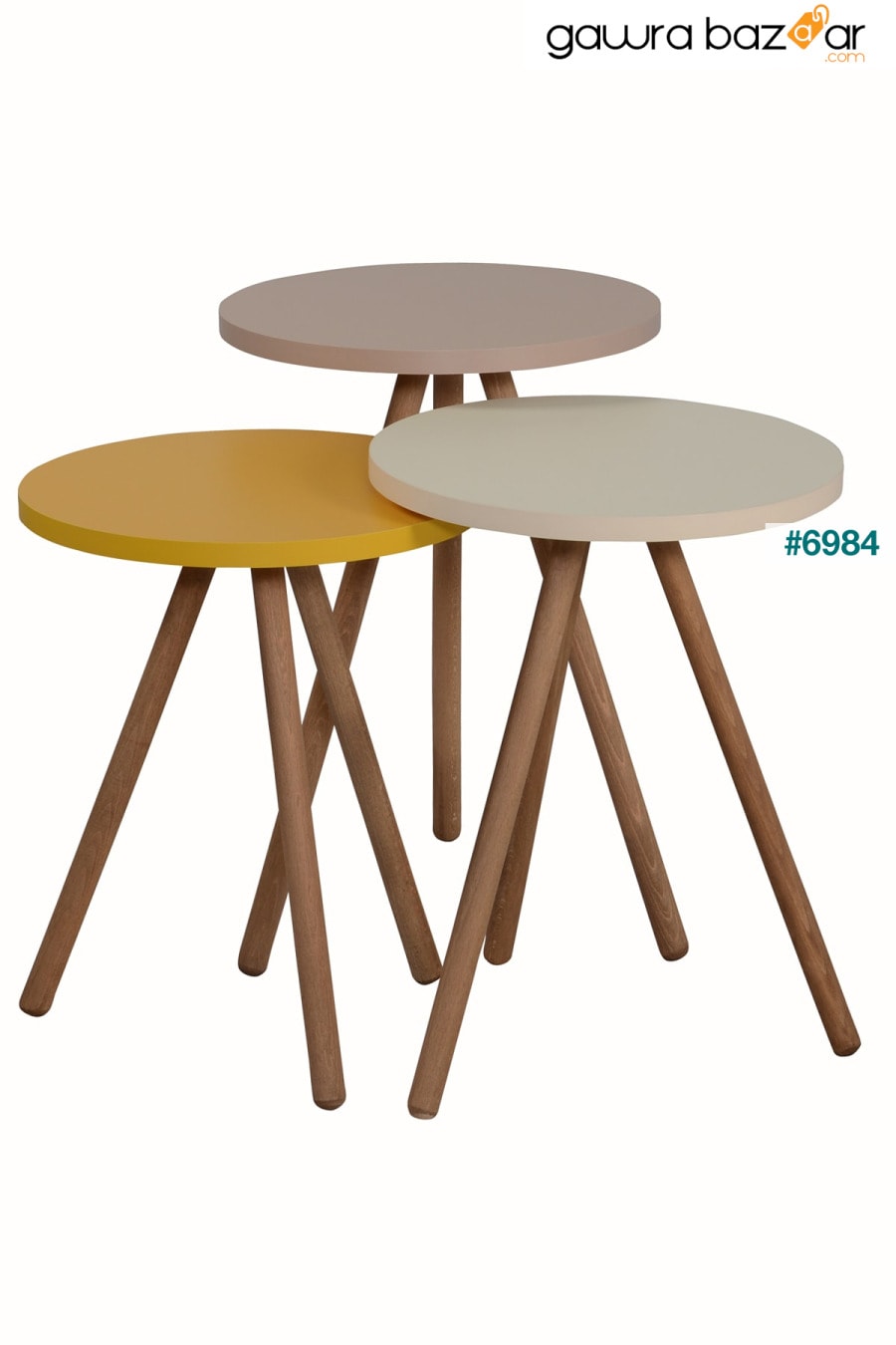 طاولة تعشيش ثلاثية ملونة ، أرجل خشبية مستديرة ، تصميم باستيل أصفر ، كابتشينو interGO 2