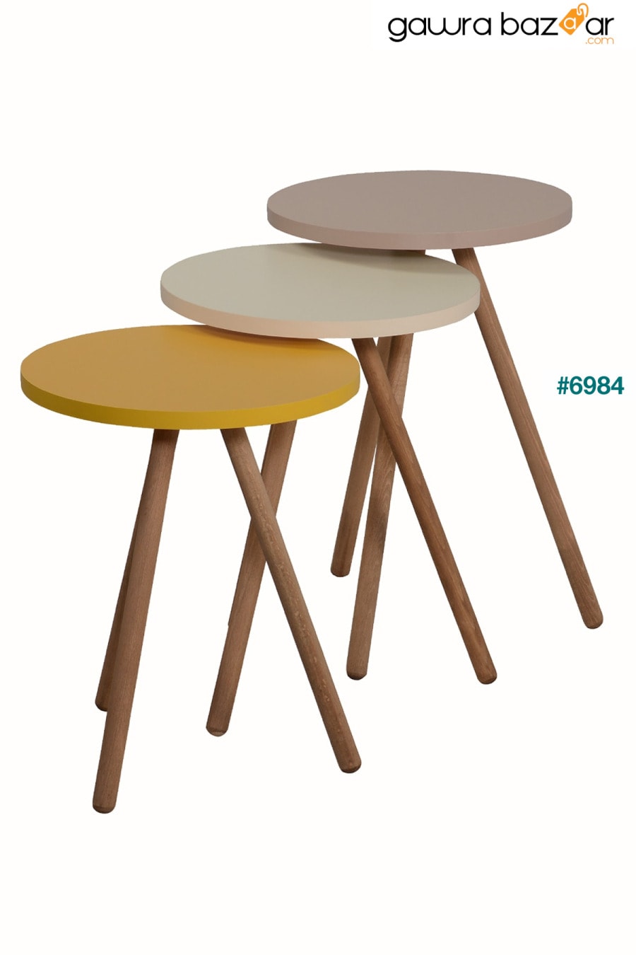 طاولة تعشيش ثلاثية ملونة ، أرجل خشبية مستديرة ، تصميم باستيل أصفر ، كابتشينو interGO 3