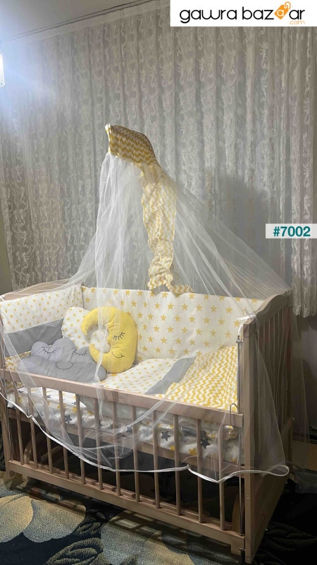 Ahşap Beşik Anne Yanı Beşik Sallanır Beşik Organik 60x120 + Sarı Yıldız Uyku Seti + Yatak + Tekerlek