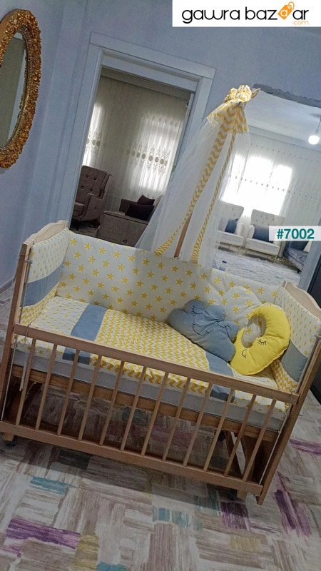Ahşap Beşik Anne Yanı Beşik Sallanır Beşik Organik 60x120 + Sarı Yıldız Uyku Seti + Yatak + Tekerlek