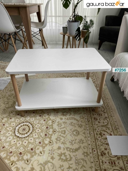 طاولة وسط ذات أرجل خشبية مستطيلة ذات مستويين أبيض