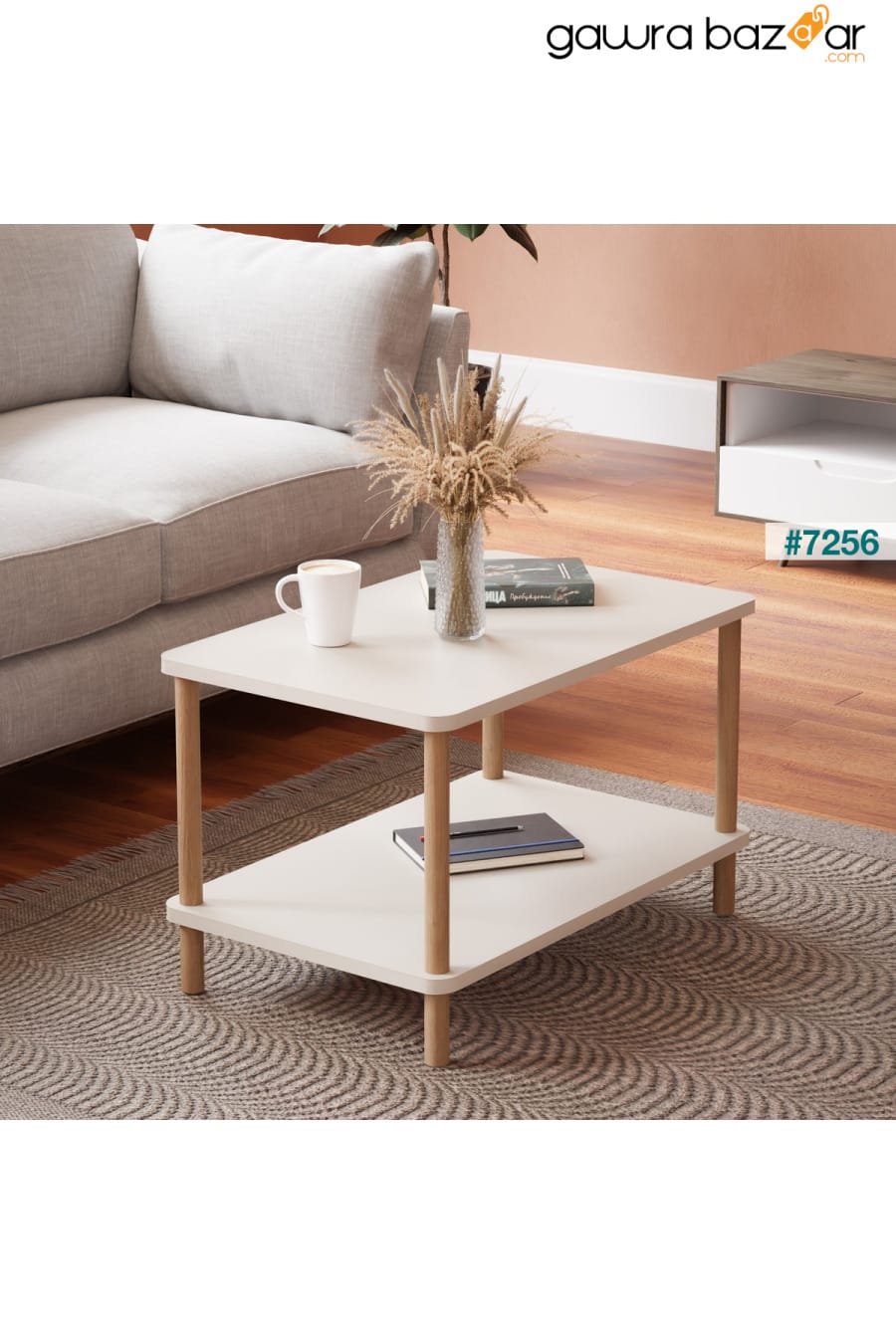 طاولة وسط ذات أرجل خشبية مستطيلة ذات مستويين أبيض interGO 0