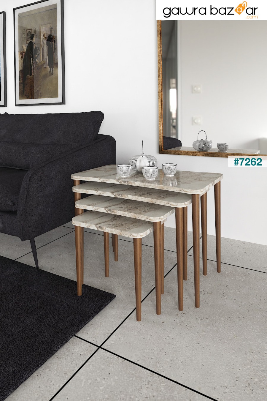 سيلينا 4 طاولة متداخلة خشبية لغرفة المعيشة طقم طاولة شاي - نمط رخامي أبيض Zuesse Dizayn 1