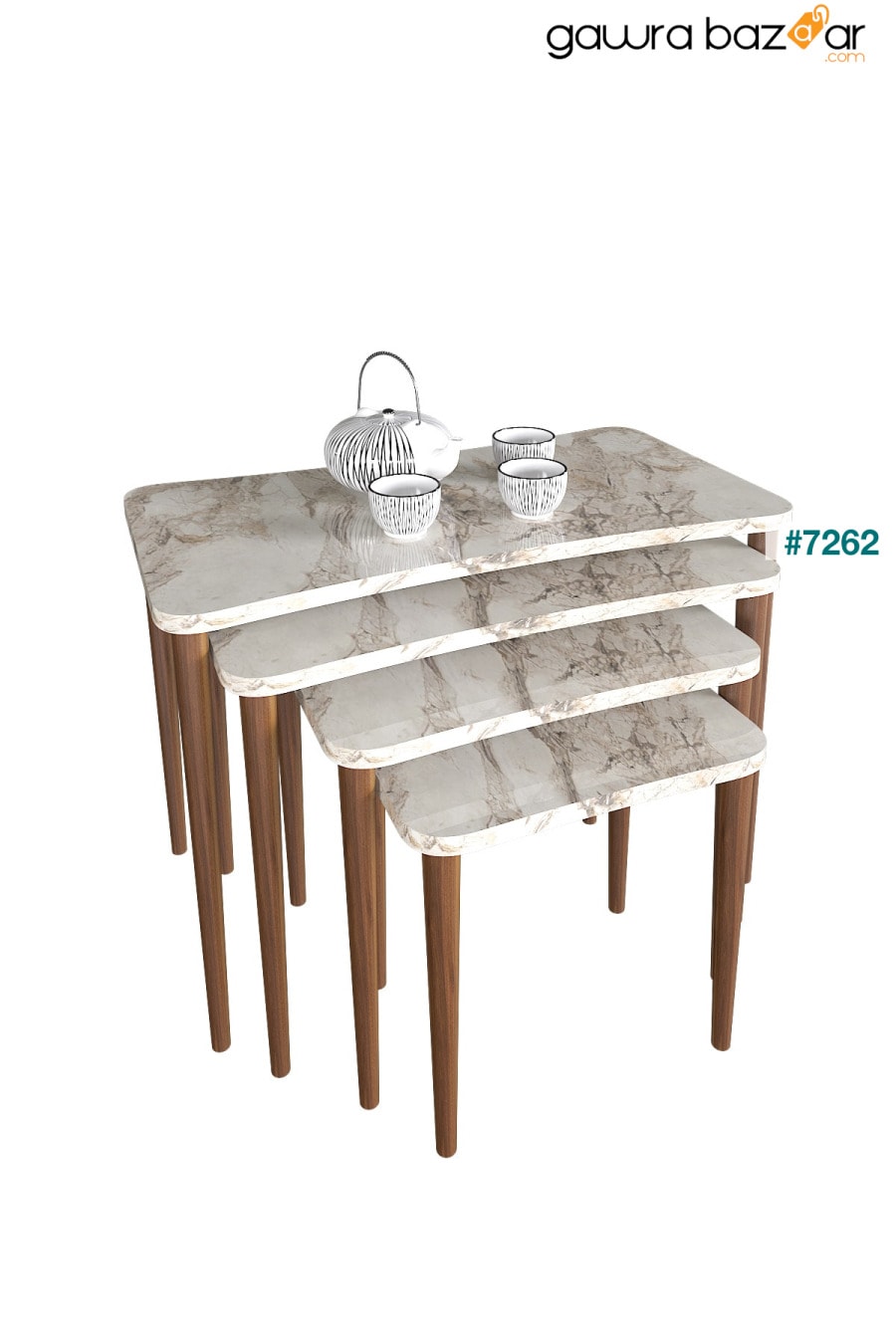 سيلينا 4 طاولة متداخلة خشبية لغرفة المعيشة طقم طاولة شاي - نمط رخامي أبيض Zuesse Dizayn 3