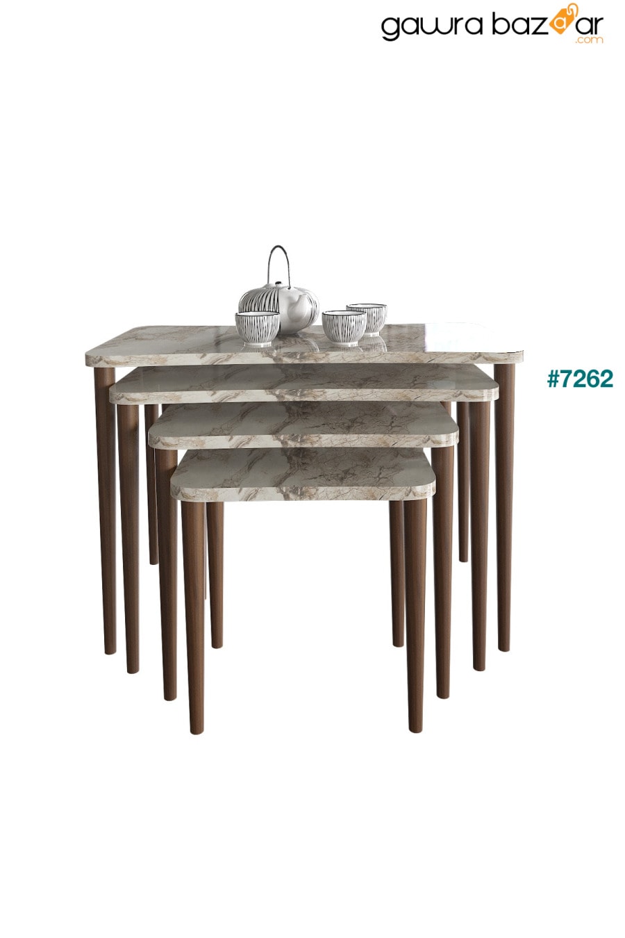 سيلينا 4 طاولة متداخلة خشبية لغرفة المعيشة طقم طاولة شاي - نمط رخامي أبيض Zuesse Dizayn 4