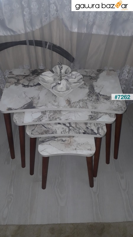سيلينا 4 طاولة متداخلة خشبية لغرفة المعيشة طقم طاولة شاي - نمط رخامي أبيض