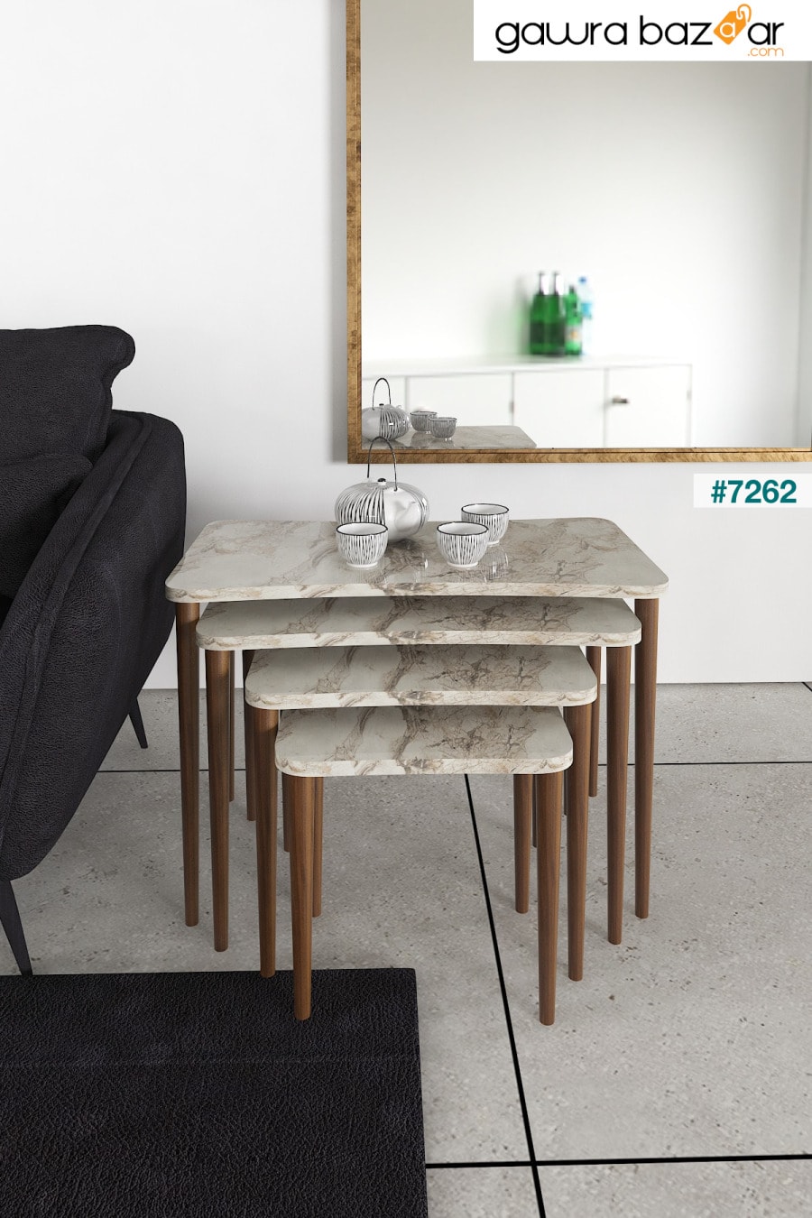 سيلينا 4 طاولة متداخلة خشبية لغرفة المعيشة طقم طاولة شاي - نمط رخامي أبيض Zuesse Dizayn 0