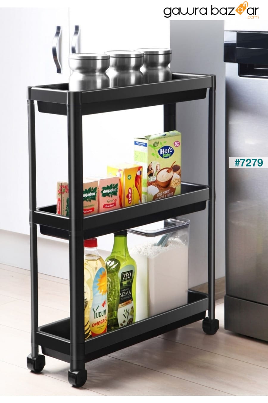 (أسود) وحدة أرفف مستطيلة بعجلات من 3 طبقات - منظم مطبخ الحمام Omaş Household Product 0