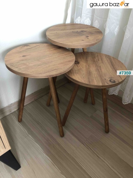 طاولة خشبية متداخلة أرجل من خشب الصنوبر 3 قطع دائرية