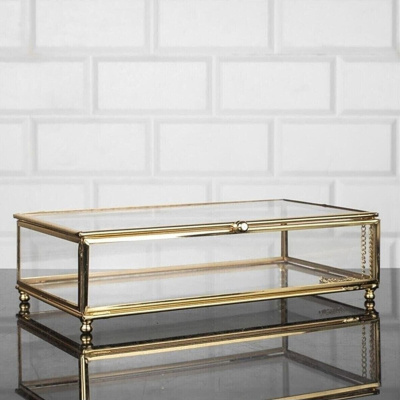 صندوق زجاجي ، صندوق عرض بإطار معدني زجاجي بغطاء ، حلوى شوكولاتة وصندوق مجوهرات 25 × 15 سم ذهبي