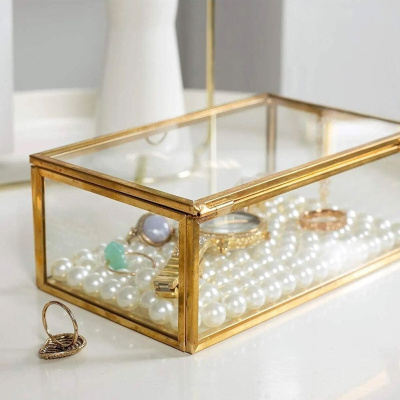 صندوق زجاجي ، صندوق عرض بإطار معدني زجاجي بغطاء ، حلوى شوكولاتة وصندوق مجوهرات 25 × 15 سم ذهبي
