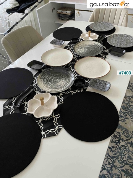 مفرش طاولة ، غطاء عداء بنمط كلاسيكي أسود و 6 قطع سوبلا