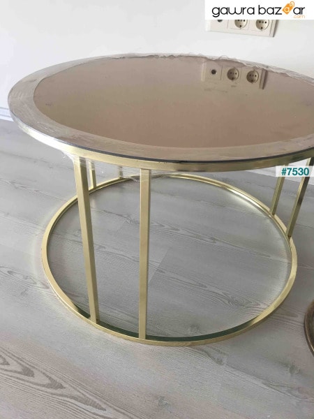 طقم طاولة وسط وطاولة متداخلة من أرموني 4 أرجل ذهبية ومرآة برونزية