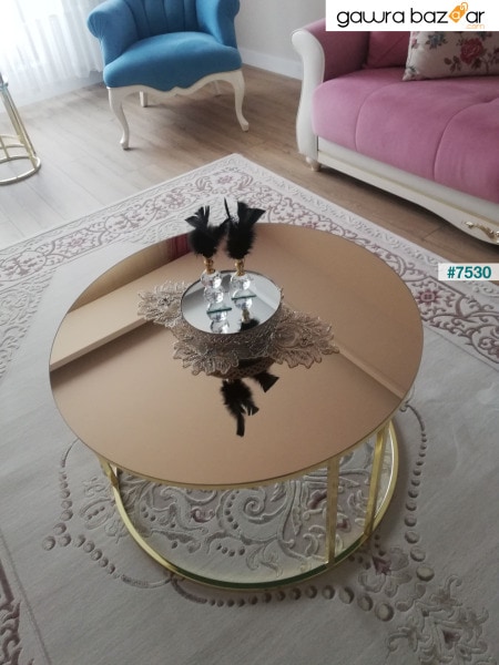 طقم طاولة وسط وطاولة متداخلة من أرموني 4 أرجل ذهبية ومرآة برونزية