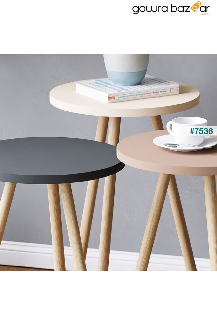 طاولة تعشيش ثلاثية ملونة بأرجل خشبية مستديرة بتصميم الباستيل رمادي كريم كابتشينو interGO 1
