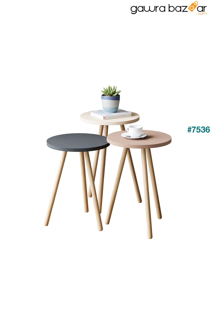 طاولة تعشيش ثلاثية ملونة بأرجل خشبية مستديرة بتصميم الباستيل رمادي كريم كابتشينو interGO 2