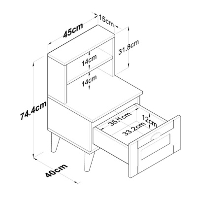 طاولة سرير جانبية من راني Bd105 مع رفين وطاولة ودرج بجانب السرير أبيض