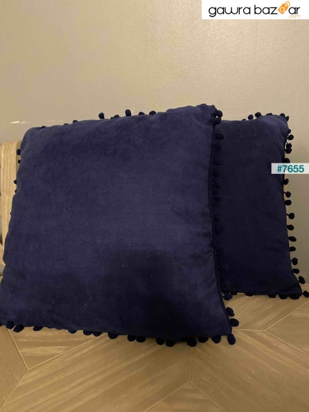 عبوة من قطعتين أزرق داكن من Tiny Pompom غطاء وسادة مغطاة بشكل مخمل سادة ، سادة ، قطعتان
