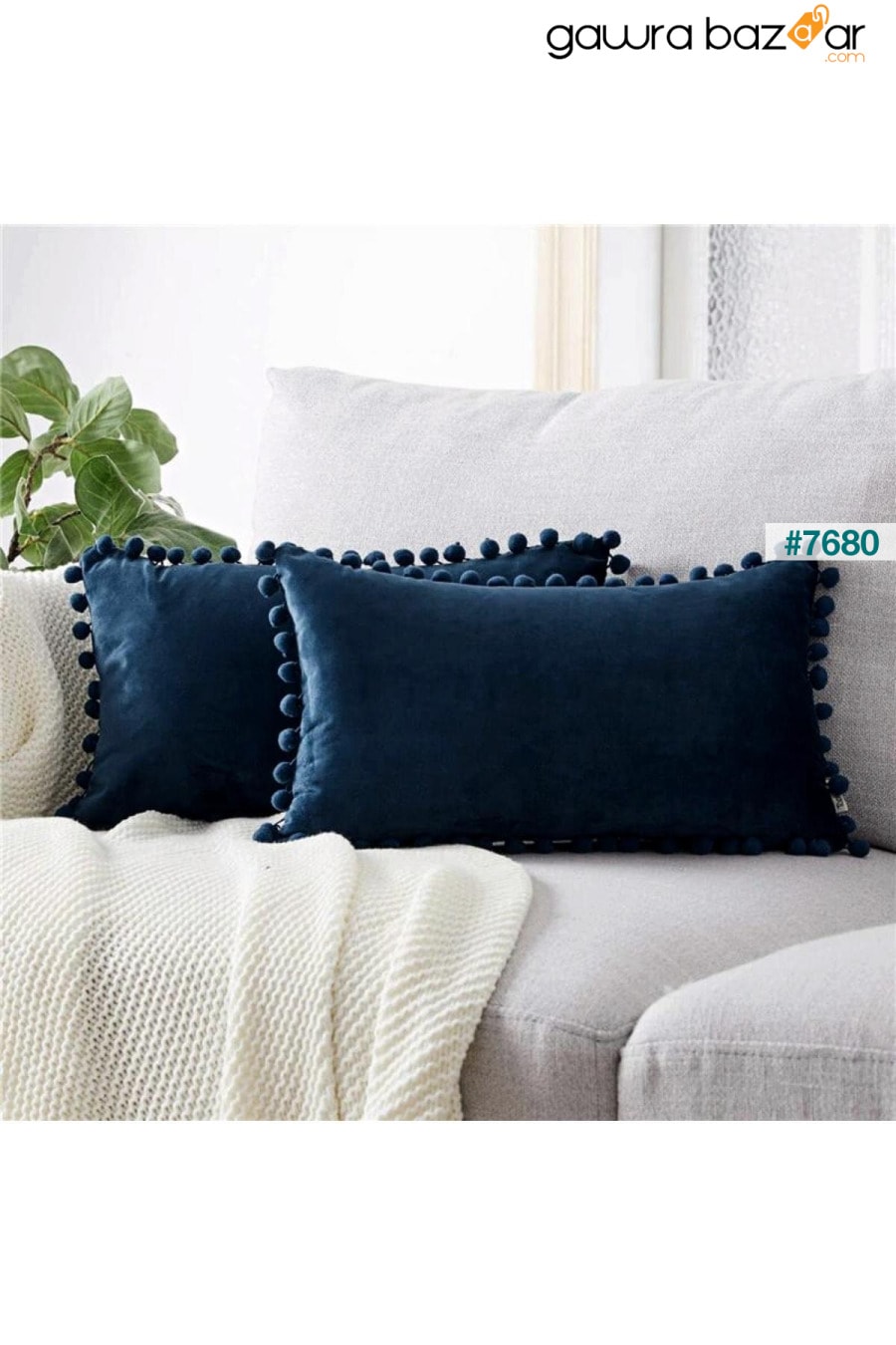 حزمة من قطعتين أزرق كحلي Tiny Pompom Throw Pillow Cover Velvet Look 2 قطعة 30 X 50 سم Bc Home 0