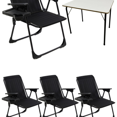 كرسي تخييم من ناتورا 4 قطع قابل للطي طاولة ام دي اف سوداء قابلة للطي مع حامل أكواب مستطيل