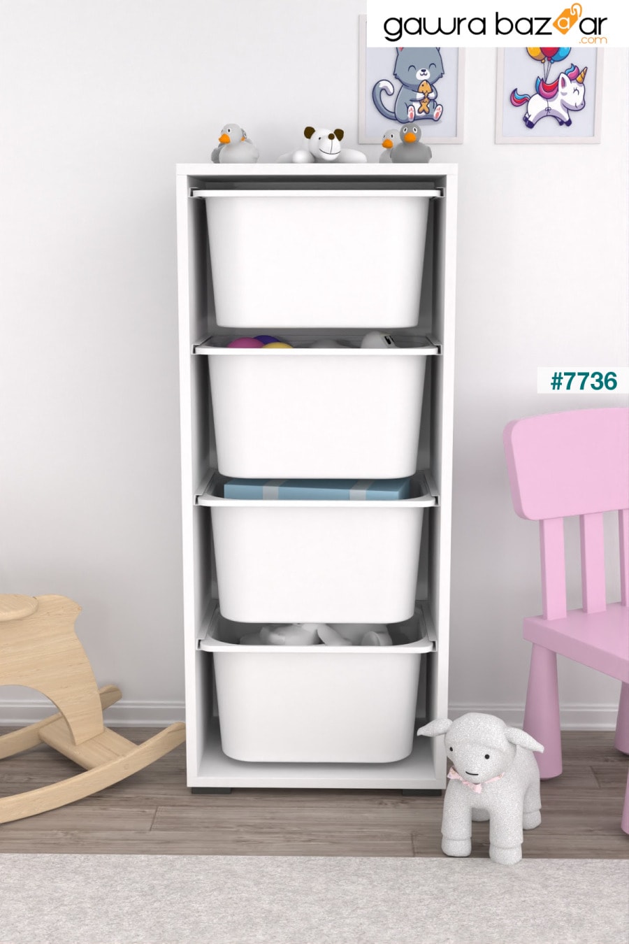 خزانة ألعاب متعددة الأغراض مع 4 سلال عميقة خزانة مطبخ بيضاء Pratico 0