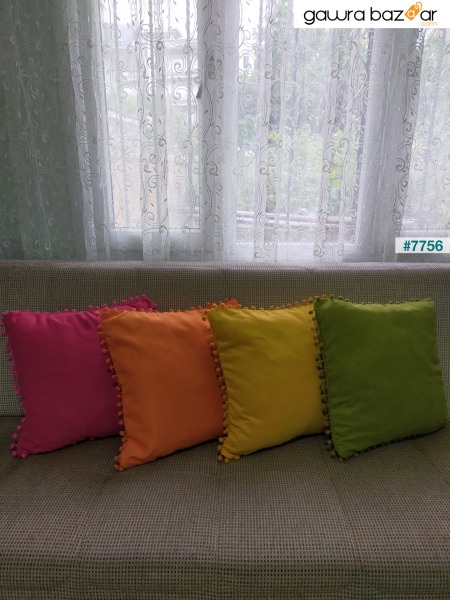طقم غطاء وسادة بوم بوم 4 قطع نيون 4 قطع 43 × 43 سم أخضر فستقي ، فوشيا ، برتقالي ، أصفر