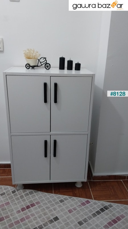 Rani F3 خزانة متعددة الأغراض 4 أبواب و 4 أرفف حمام خزانة مطبخ أبيض M9.5