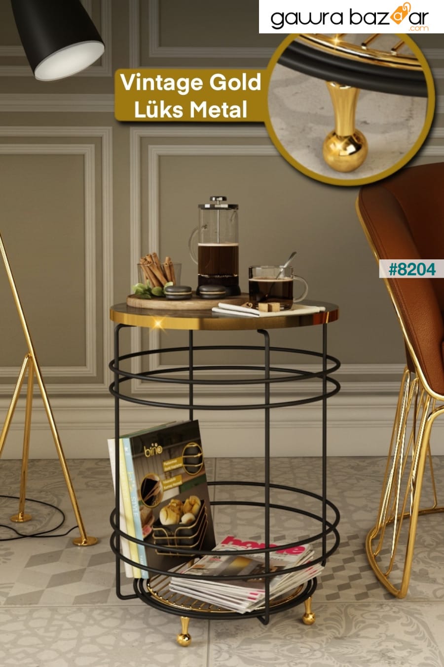 طاولة القهوة الجانبية المتوسطة المعدنية المتداخلة طاولة القهوة ذات الأرجل الذهبية ورف خزانة الكتب وطاولة القهوة Bino 0