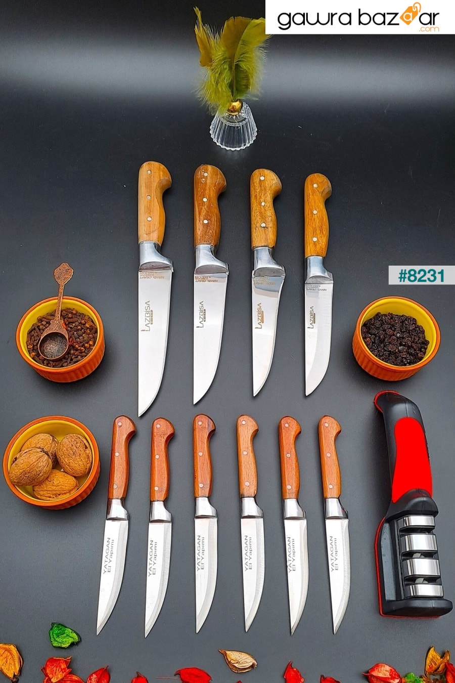 سكين مطبخ مصنوع يدويًا من Yatağan، مجموعة مهر مكونة من 11 قطعة، أداة شحذ اللحم والخبز والفواكه والماس LAZBİSA 3