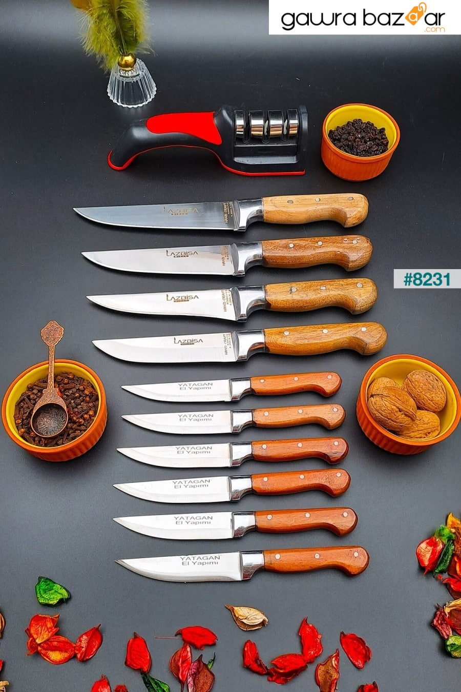 سكين مطبخ مصنوع يدويًا من Yatağan، مجموعة مهر مكونة من 11 قطعة، أداة شحذ اللحم والخبز والفواكه والماس LAZBİSA 2