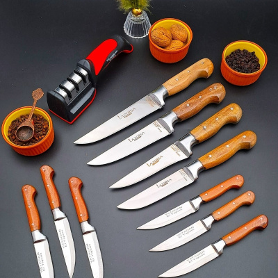 سكين مطبخ مصنوع يدويًا من Yatağan، مجموعة مهر مكونة من 11 قطعة، أداة شحذ اللحم والخبز والفواكه والماس
