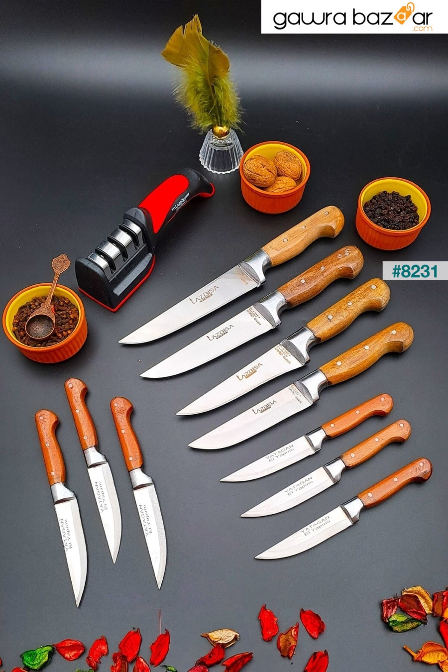 سكين مطبخ مصنوع يدويًا من Yatağan، مجموعة مهر مكونة من 11 قطعة، أداة شحذ اللحم والخبز والفواكه والماس LAZBİSA 1