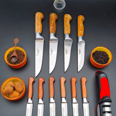 سكين مطبخ مصنوع يدويًا من Yatağan، مجموعة مهر مكونة من 11 قطعة، أداة شحذ اللحم والخبز والفواكه والماس