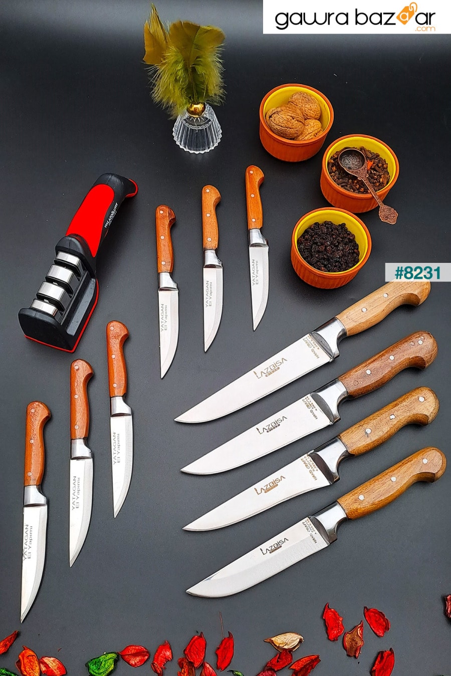 سكين مطبخ مصنوع يدويًا من Yatağan، مجموعة مهر مكونة من 11 قطعة، أداة شحذ اللحم والخبز والفواكه والماس LAZBİSA 0