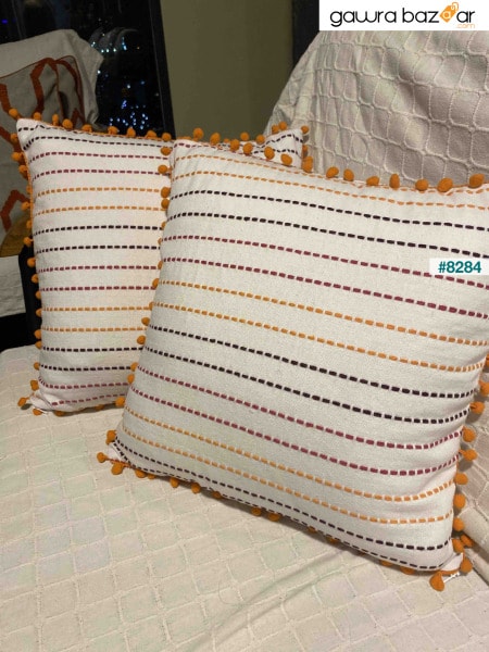 غطاء وسادة مربع من القطن مطرز بتفاصيل صغيرة باللون البرتقالي مقاس 43 × 43 سم إسكندنافي، بوهيمي