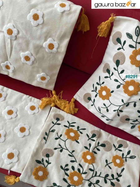 غطاء وسادة رمي مزخرف بنقشة زهور مطرزة من 4 قطع