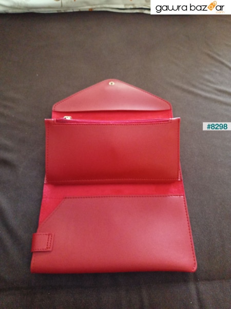 محفظة نسائية باللون الأحمر على شكل مظروف مع حجرة للهاتف والعملة المعدنية
