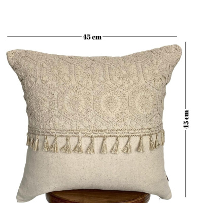 غطاء وسادة بوهيمي عتيق مصنوع من نسيج القطن والكتان الطبيعي نصف دانتيل مكرامية وشرابات قطنية