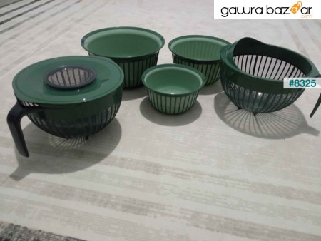 طقم مهر لينيا متعدد الأغراض مكون من 5 قطع باللون الأخضر 1x (وعاء خلاط 3 لتر) 1x (3 أوعية حجم) 1x (مصفاة أرز 3 لتر)