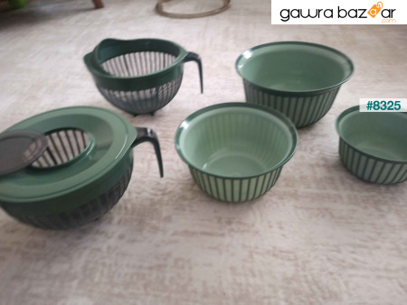 طقم مهر لينيا متعدد الأغراض مكون من 5 قطع باللون الأخضر 1x (وعاء خلاط 3 لتر) 1x (3 أوعية حجم) 1x (مصفاة أرز 3 لتر)